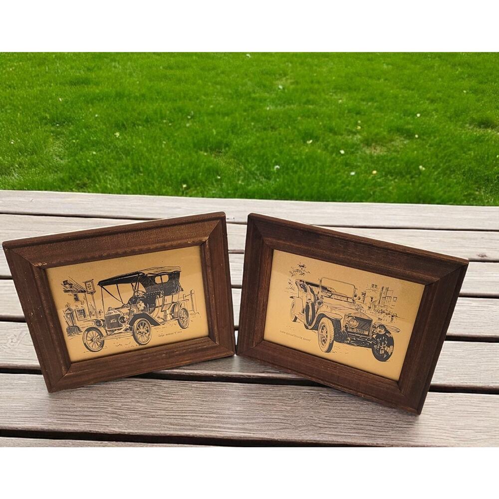 Gold Colored Prints Pictures 1915 Ford Model T 1909 Rolls Royce Framed Man Cave